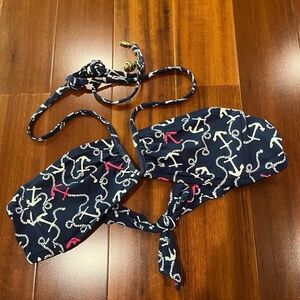 Lilly Pulitzer Navy Blue Bikini Top Anchor Print Swim Halter Neck Tie Back Sz XS